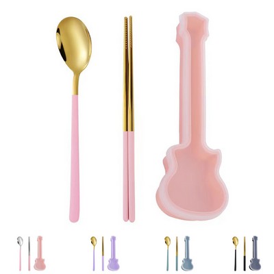2 Piece Silver Stainless Steel Spoon Chopsticks Set with Guitar Shape Case
