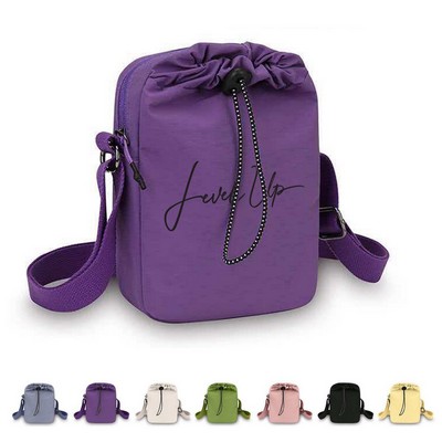 Drawstring Crossbody Bag with Adjustable Strap and Zipper Pocket