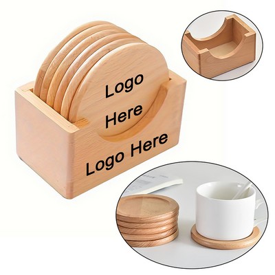 Natural Wood Coaster Set With Holder
