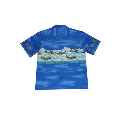 Navy Hawaiian Tropical Military Print Shirt / 100% Cotton Poplin / Airplanes Circa WWII