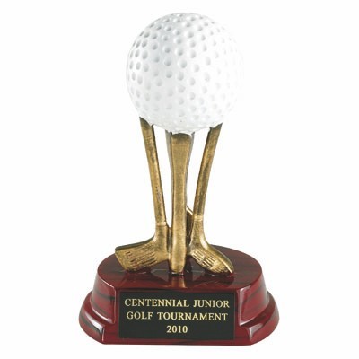 6" Golf Trophy w/Golf Ball on Golf Club Pedestal & Wood Base