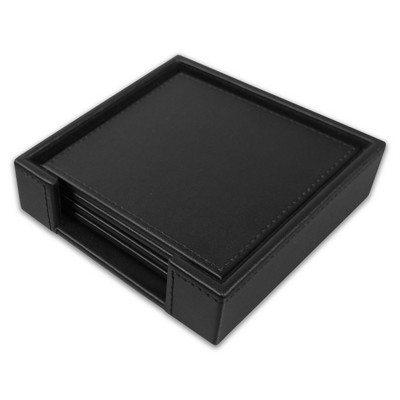Leatherette Black Square Coaster Set w/Stitching