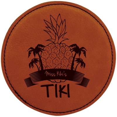 Round Coaster, Rawhide Faux Leather, Engraved, 4" Dia