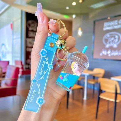 Blue milk tea Cup keychain with small animal