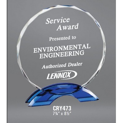 Cascata Circle Crystal Award with Blue Base, 7 3/4"H