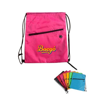 Drawstring Sports Backpack with Zipper Pocket and Headphone Hole