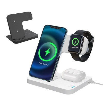 15W 3-In-1 Foldable Fast Wireless Charging Stand For Cell Phone, Apple Watch, Air Pods