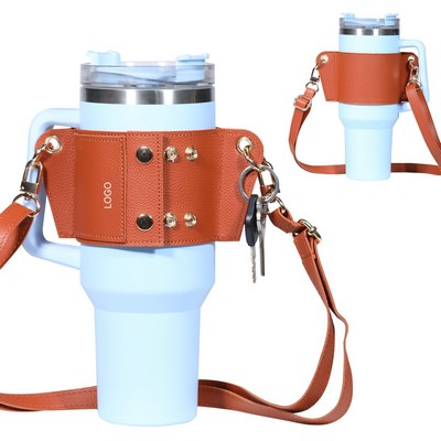 Leather 40oz Tumbler Sleeve Adjustable Crossbody Shoulder Strap Luxury Protective Leather Wrap