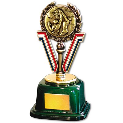 Stock 7" Trophy with 2" Basketball Male Medal and Engraving Plate