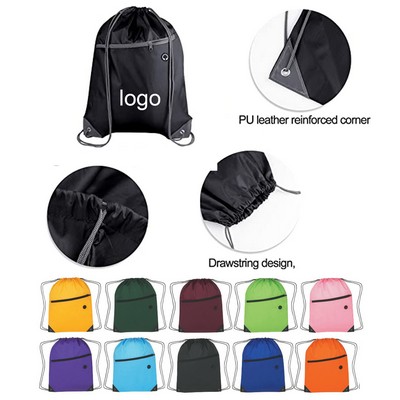 Polyester Drawstring Pack W/ Zipper Pocket and Headphone Hole