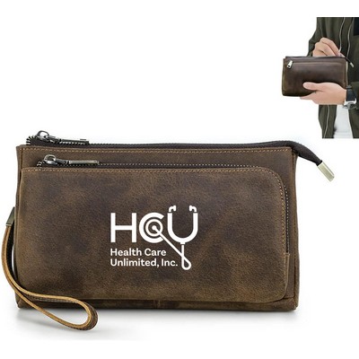 Men's Genuine Leather Clutch Bag With Wrist Strap