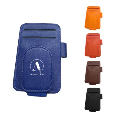 PU Leather Magnetic Auto Visor Eyeglasses Clip w/Pen Slot