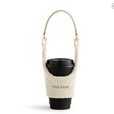 Plush Sherpa Beverage Carrier With Detachable Faux Leather Strap