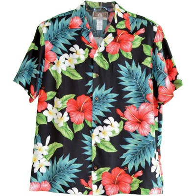 Soft & Supple Silky Rayon Black/Green/Blue Tropical Print Hawaiian Shirt w/Genuine Coconut Buttons