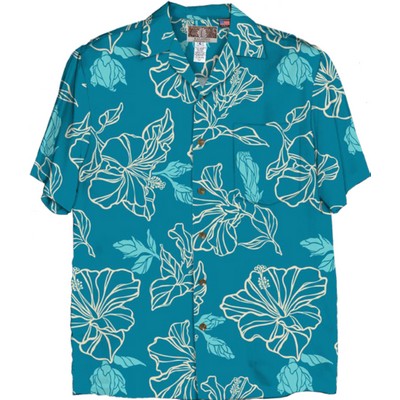 Soft & Supple Silky Rayon Teal Blue Tropical Print Hawaiian Shirt w/Genuine Coconut Buttons
