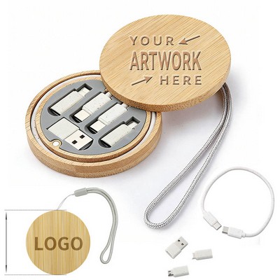 Round Bamboo Compact Multi Functional Charging Cable Data Cable Case Adapter Cable Kit Convertor