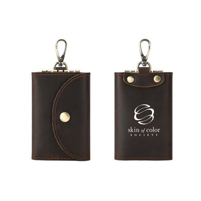 Leather Car Key Holder, Key Pouch Card Cover with 6 Metal Hook Keyring, Snap Closure Key Bag