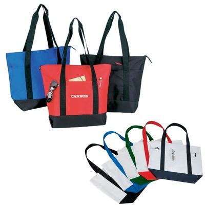 Tote Bag CLOSE OUT Price shown Stock = red/blk 5100; ryl/blk 1200; wht/grn 2500; wht/blu 2000