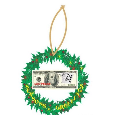 LV Royal Flush $100 Bill Wreath Ornament w/ Clear Mirror Back (3 Square Inch)
