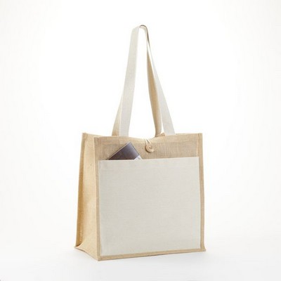 10 Oz. Cotton Stylish Jute Tote Bag w/Exterior Pocket & Top Button Loop Closure