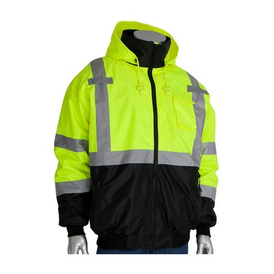 PIP® Class 3 Waterproof Black Bottom Hi-Viz Bomber Jacket w/Zip-Out Fleece