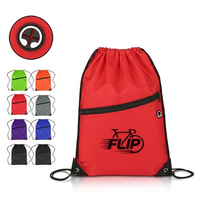 Nylon Drawstring Backpack with Zipper Pocket & Earbud Port