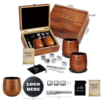 Charred Wooden Whiskey Glass Set (2-Piece) & 6 Stainless Steel Chilling Stones Luxury Gift Set