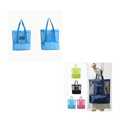 Mesh Beach Tote Bag with Insulated Cooler Compartment Large Capacity
