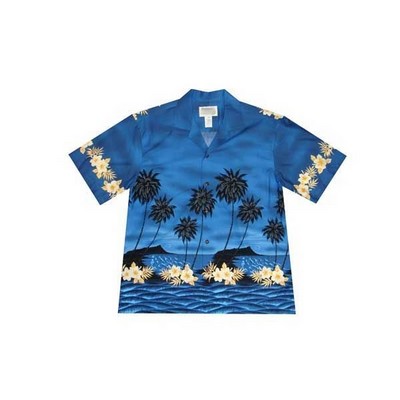 Navy Hawaiian Shirt - 100% Cotton Poplin Tropical Print w/ Coconut Buttons (S - 3XL in-stock)