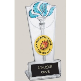 8" Clear/Blue Lucite Torch Stand Award w/DCP or Flexibrass