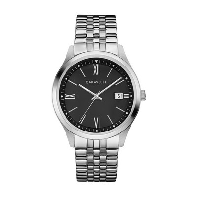 Caravelle Men's Silver Bracelet Watch (Black Dial)