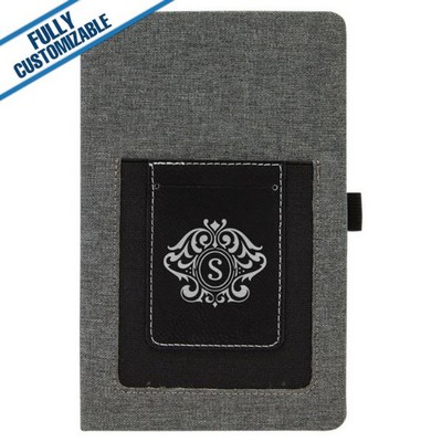 Black & Silver Leatherette - 5.25X8.25" Gray Journal With Cellphone & Card Slot