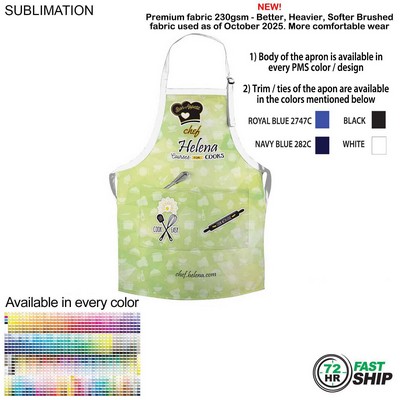72 Hr Fast Ship - Domestic made Bib Apron, 2 Pockets, Adjustable Neck, Sublimated (25"x28")
