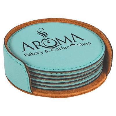 Round Coaster Set, Teal Faux Leather, 4" Dia