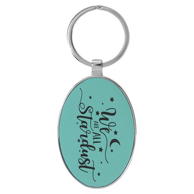 3" x 1 3/4" Leatherette/Metal Teal Oval Keychain