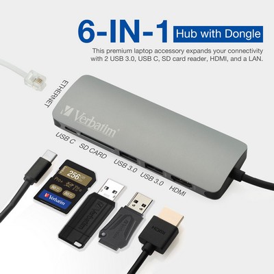 Verbatim 6-In-1 Usb C Hub Adapter With 4K Hdmi And Dongle