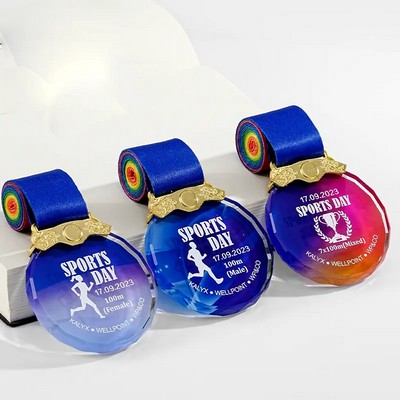 Faceted Optical Crystal Medal with 3D Sublimated Prism Effect and Ornate Metal Clasp