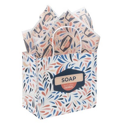 7.25" White Green Handle Shopper with Tissue Paper Bundle