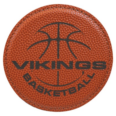 Round Coaster, Basketball Orange Faux Leather, Engraved, 4" Dia