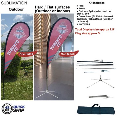 48Hr Quick Ship - 7.5' Small Tear Drop Flag Kit, Full Color Graphic One Side, Outdoor & Indoor bases