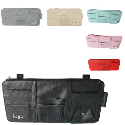 PU Leather Multi-Pocket Sun Visor Organizer with Sunglass Clip