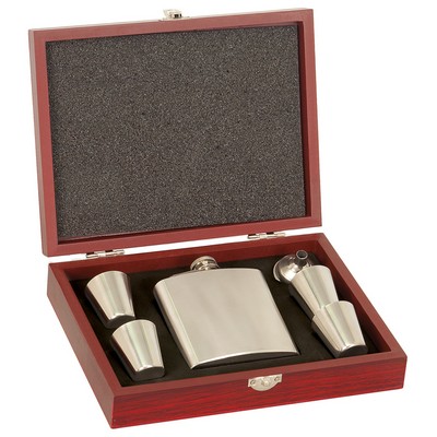 6 Ounce Stainless Steel Flask Gift Set in Rosewood Case - Laser Engraved Plate