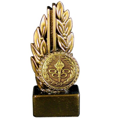 Stock 7" Laurel Trophy With 2" Torch & Rings Coin and Engraving Plate
