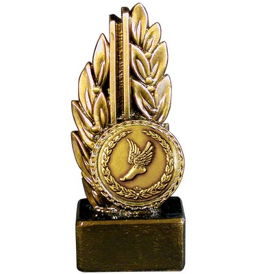 Stock 7" Laurel Trophy With 2" Winged Foot Coin and Engraving Plate