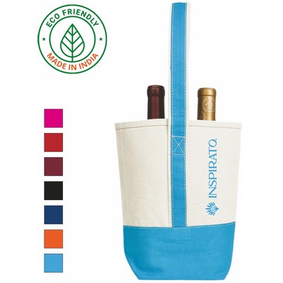2 Bottle Premium 16 oz Canvas Wine Tote Bag | Travel Gift Carrier Teal Blue (8.5x10x3.5)