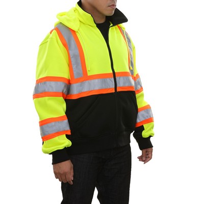 Reflective Apparel™ Hi-Vis Full Zip 2-Tone Contrasting X-Back Safety Sweatshirt w/Removable Hood