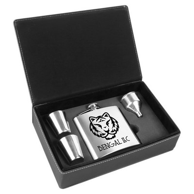 6 oz. Stainless Steel Flask Set in Black/Silver Leatherette Box