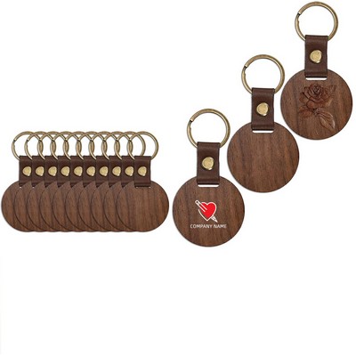 Premium Walnut Round Keychain with Leather Strap