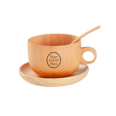 9.8 Oz.Wooden Coffee Cup and Saucer Set w/Spoon