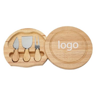 7.5" Round Wood Cheese Board and Stainless Steel Knife Set